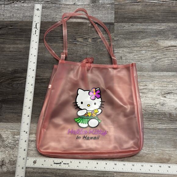 Vintage 90s Hello‎ Kitty in Hawaii Pink Translucent Double Strap Summer Tote Bag - Picture 4 of 5